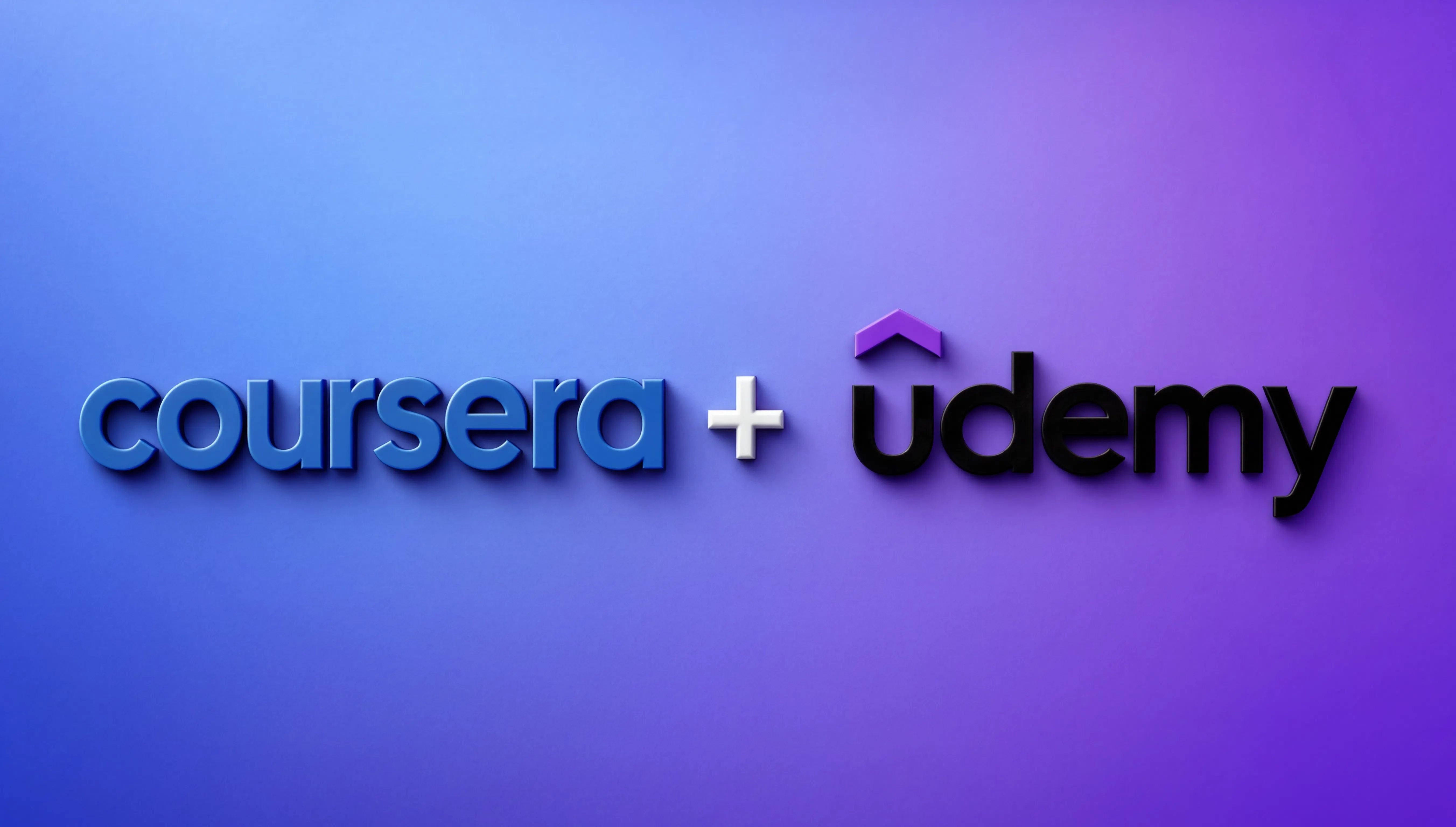 Coursera and Udemy logos joined with a "+", rendered with clean 3D depth on a blue-to-purple gradient that blends both brands' colors.