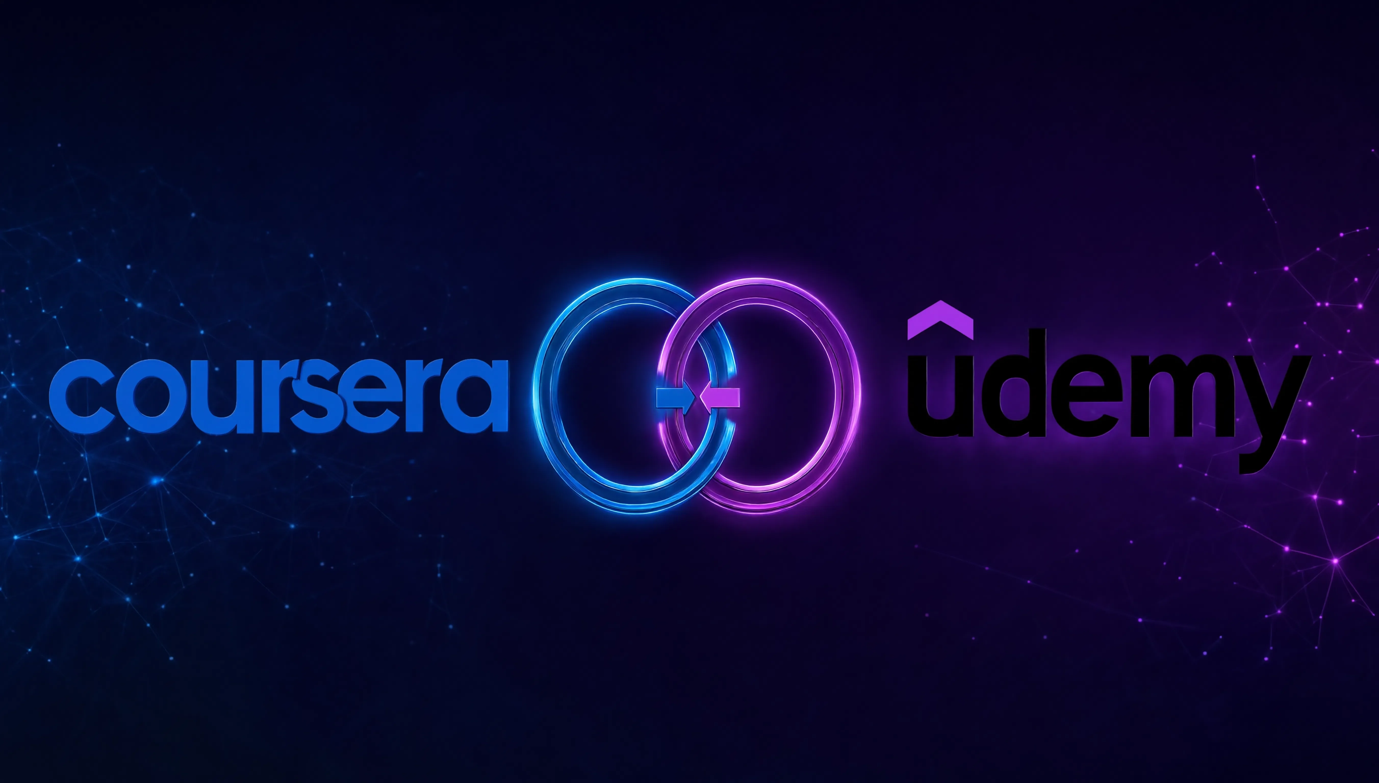a premium deep navy-to-purple background with glowing interlocking rings connecting the two logos, plus subtle network lines.