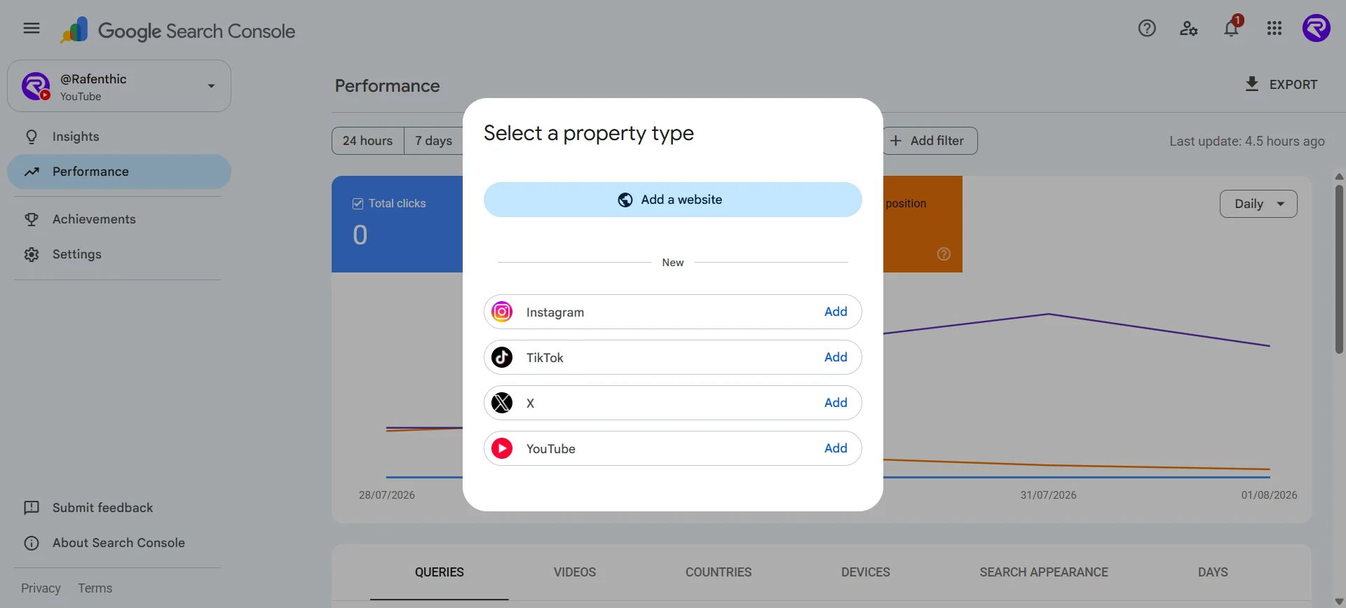 Google Search Console add property screen showing Instagram, TikTok, X and YouTube platform options