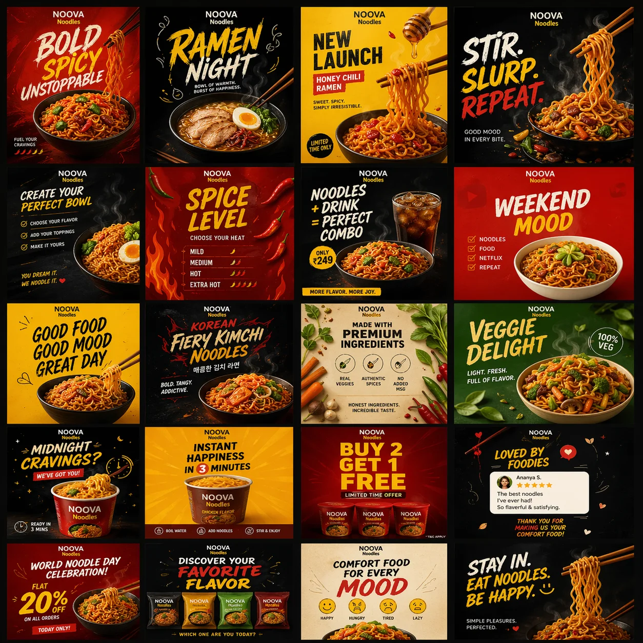 A vibrant social media marketing grid for Noova Noodles featuring diverse content including flavor showcases like Honey Chili Ramen, promotional offers, customer testimonials, and lifestyle graphics emphasizing comfort food for every mood.