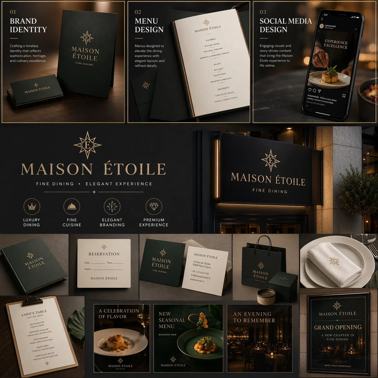 A comprehensive brand identity showcase for Maison Étoile, featuring matte black and gold business cards, elegant menu designs, luxury shopping bags, and high-end social media templates for a fine-dining restaurant.