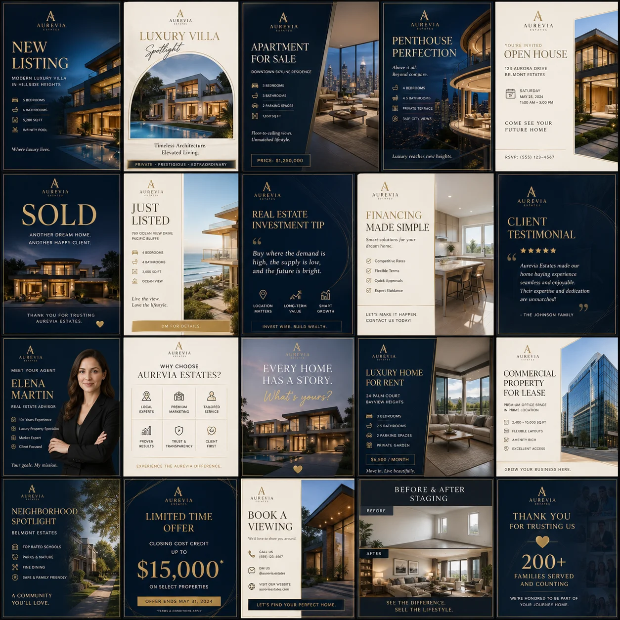 A professional social media marketing grid for Aurevia Estates, featuring luxury real estate listings, penthouse spotlights, agent profiles, client testimonials, and real estate investment tips in a sophisticated navy and gold theme.