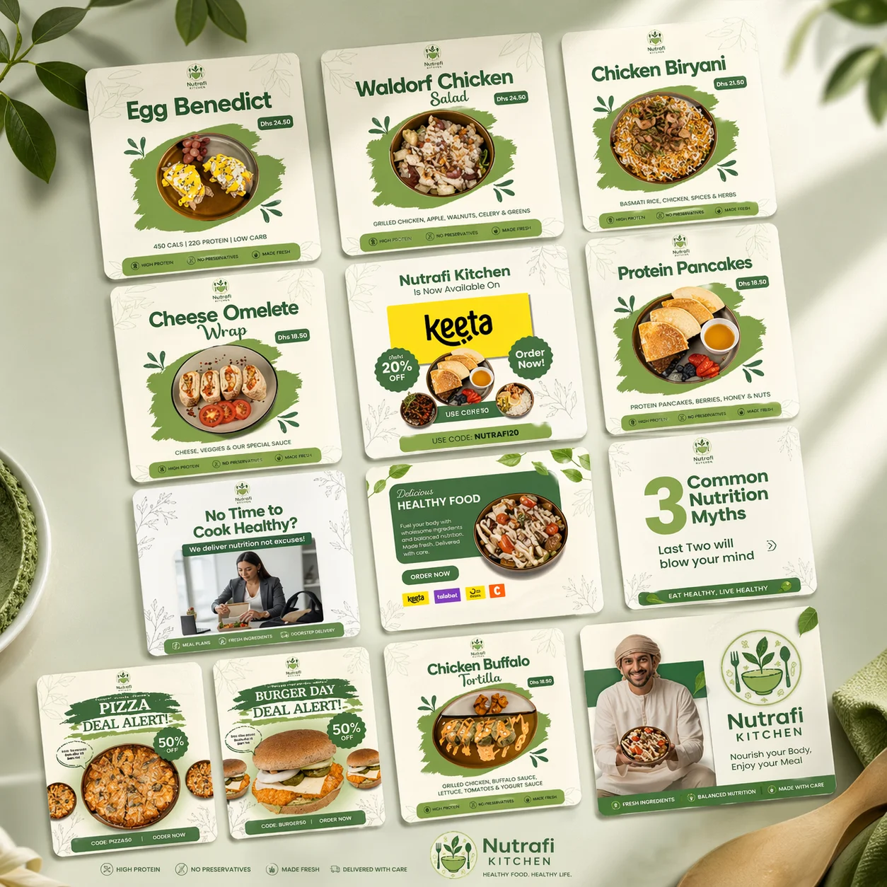 A grid of professional social media marketing graphics for Nutrafi Kitchen, featuring healthy meals like Egg Benedict, Chicken Biryani, and Waldorf Salad, alongside promotional deal alerts and nutritional myth-busting posts.