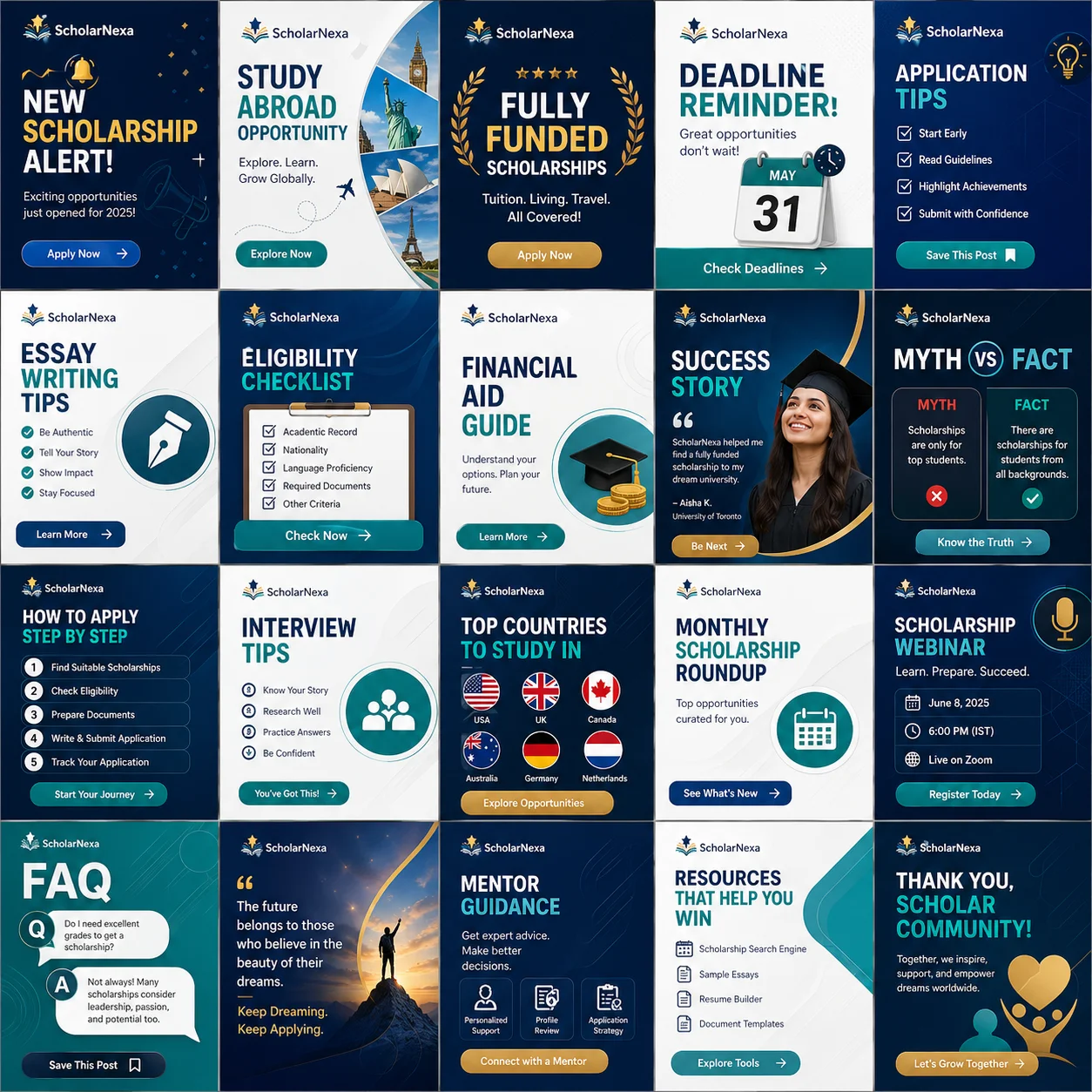 Premium social media marketing grid and brand identity showcase for ScholarNexa scholarship consultancy, featuring academic success milestones and promotional graphics in a purple theme.