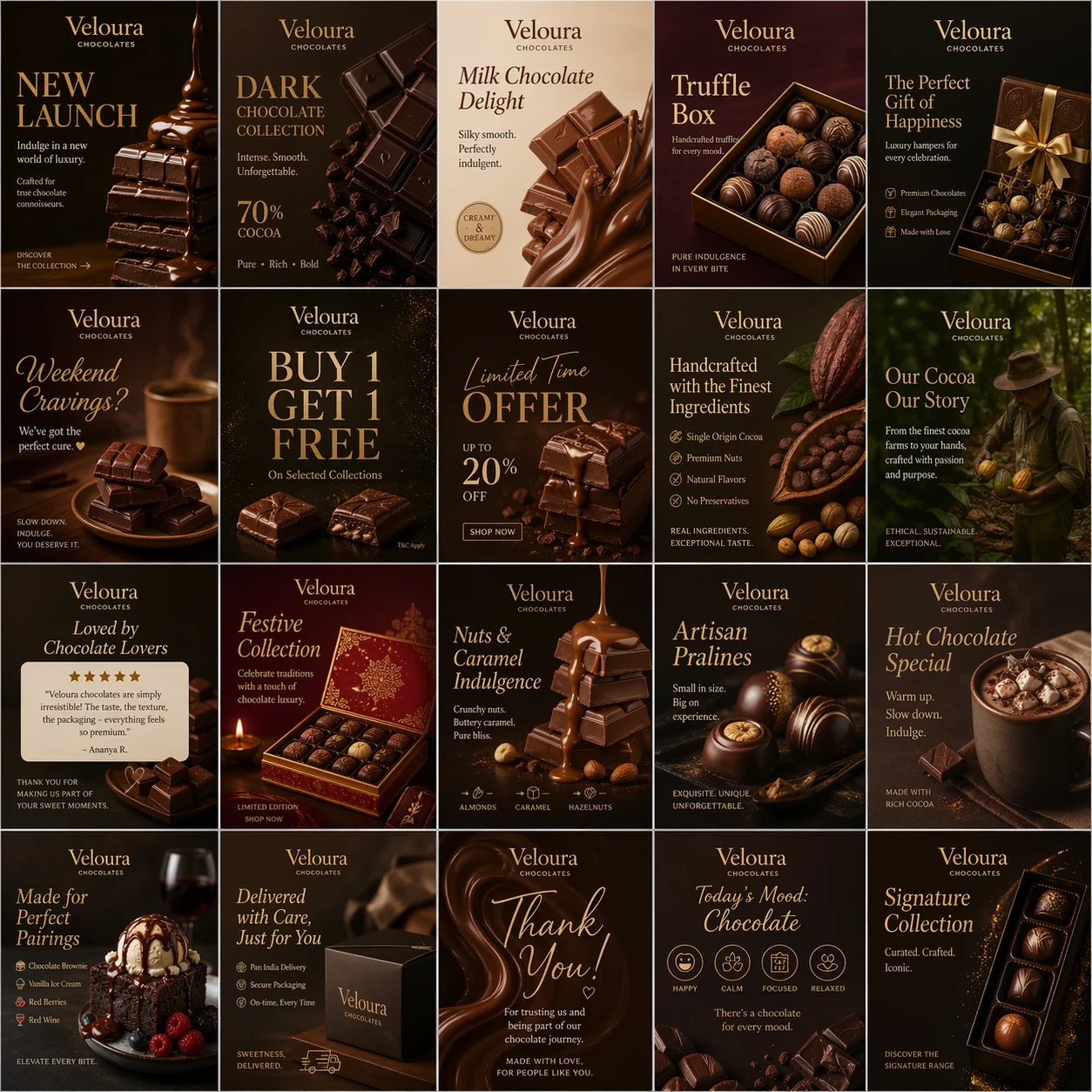 Premium social media marketing grid and luxury brand identity showcase for Veloura Chocolates global store, featuring artisanal chocolate boxes and elegant promotional graphics in a purple theme.