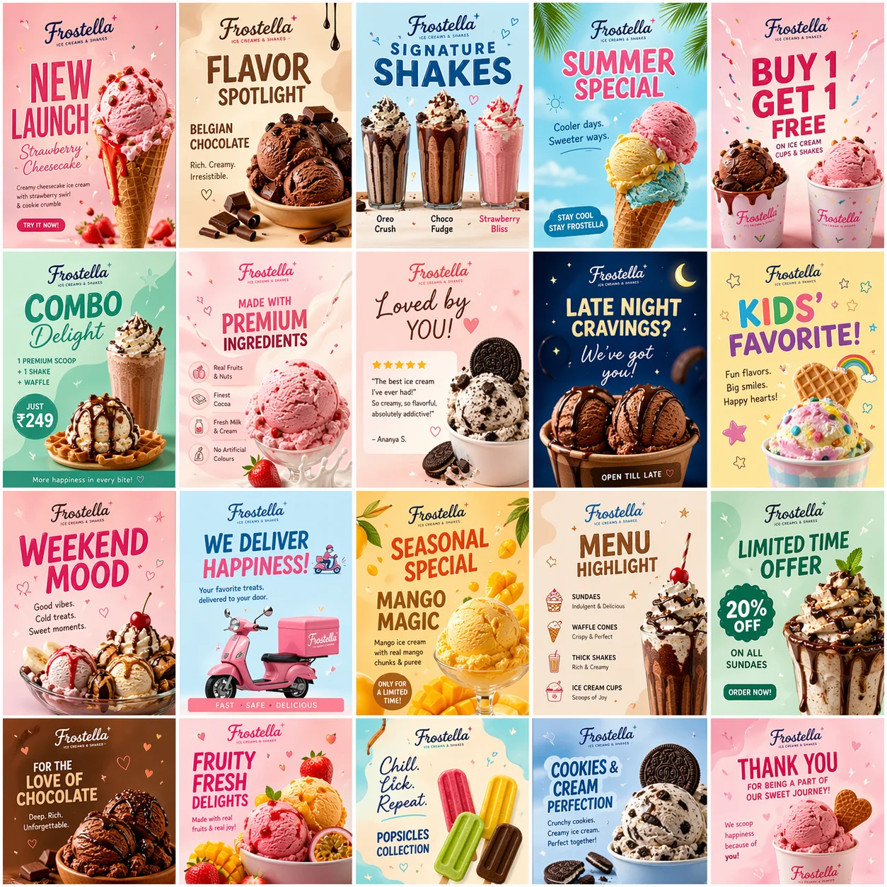 Premium social media marketing grid and brand identity showcase for Frostella Icecreams and Shakes, featuring vibrant dessert menus and promotional graphics in a signature purple brand theme.